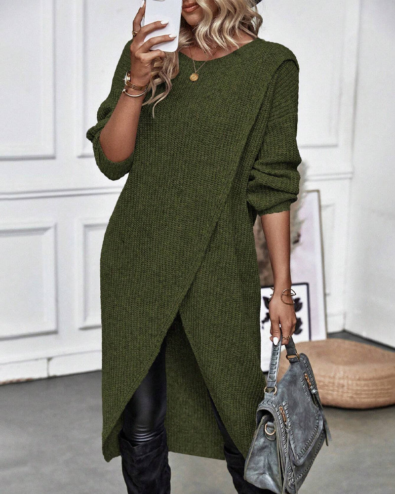 Women's knitted sweater dress with round neck, long sleeves and asymmetric hem