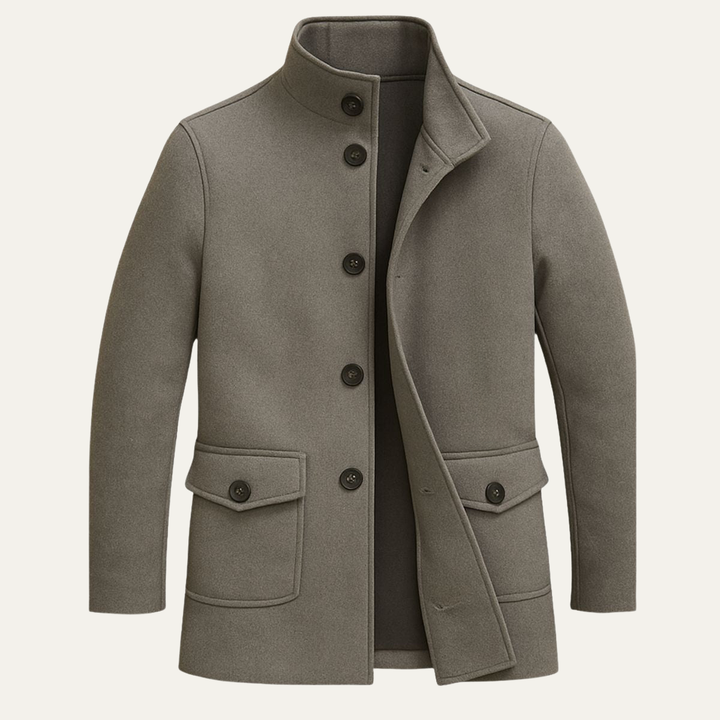 Men's tailored button overcoat with stand collar and flap pockets