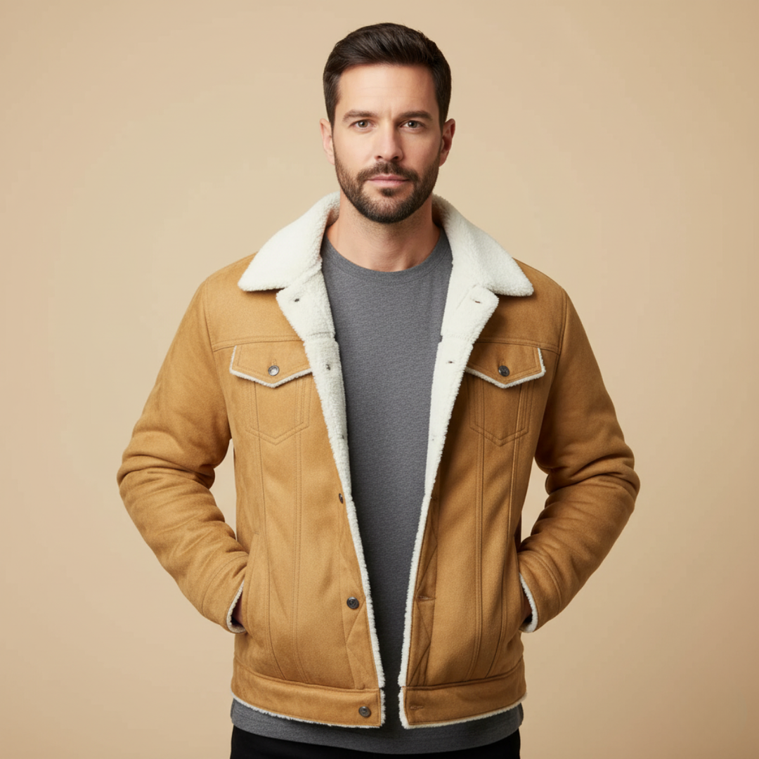 Men's sherpa lined jacket with snap fastening, long sleeves and multiple front pockets