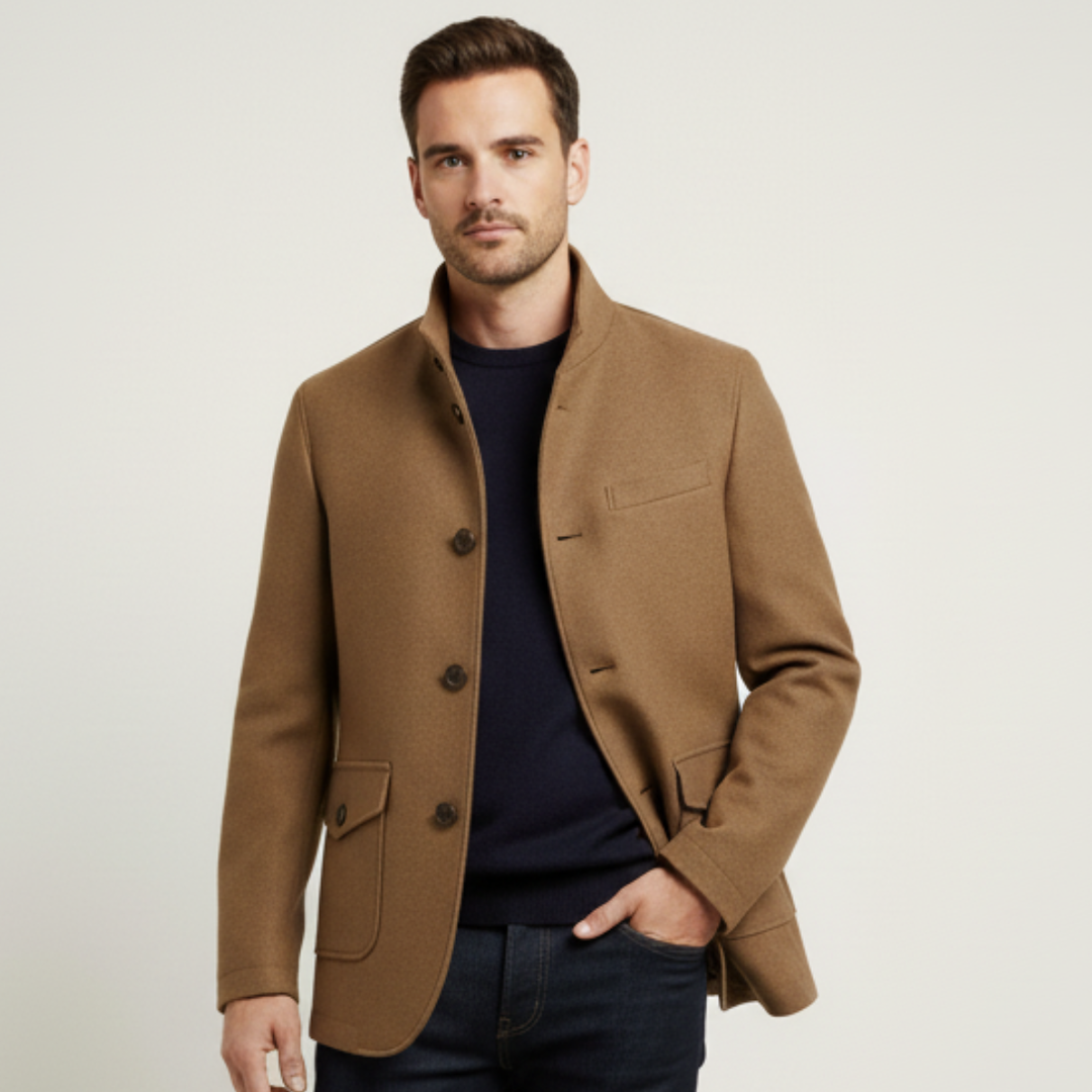 Men's tailored button overcoat with stand collar and flap pockets