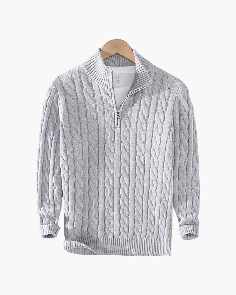 Men's cable knit half-zip sweater with stand collar