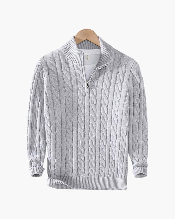 Men's cable knit half-zip sweater with stand collar