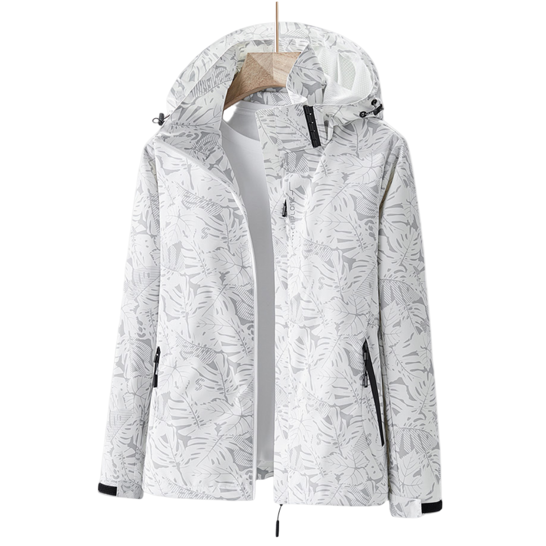 Women's hooded leaf print windbreaker jacket with zipped pockets