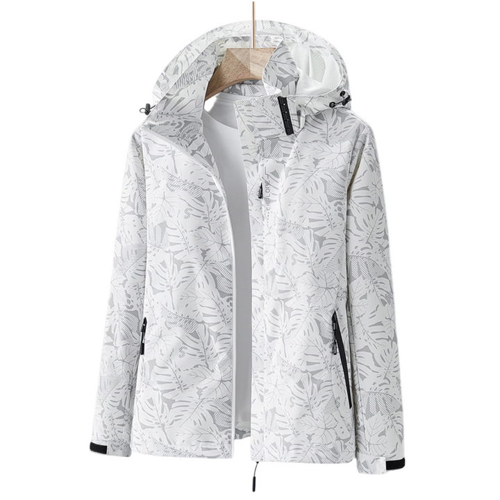 Women's hooded leaf print windbreaker jacket with zipped pockets