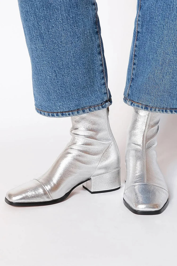 Women's silver metallic square toe ankle boots with low block heel