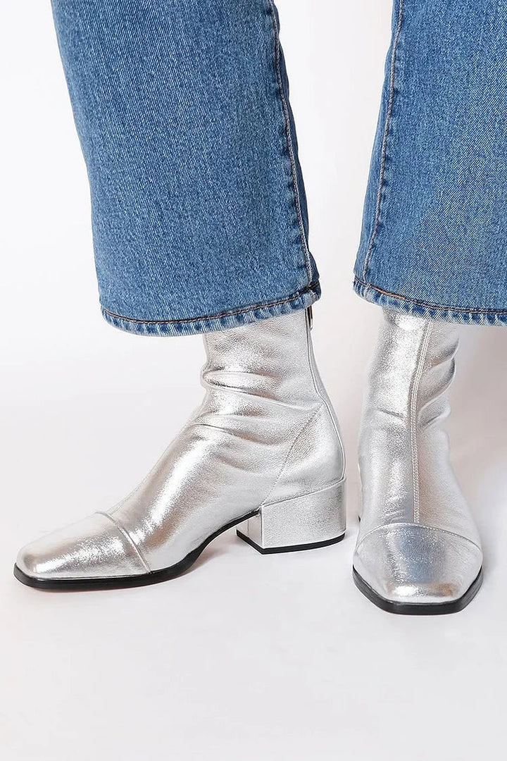 Women's silver metallic square toe ankle boots with low block heel