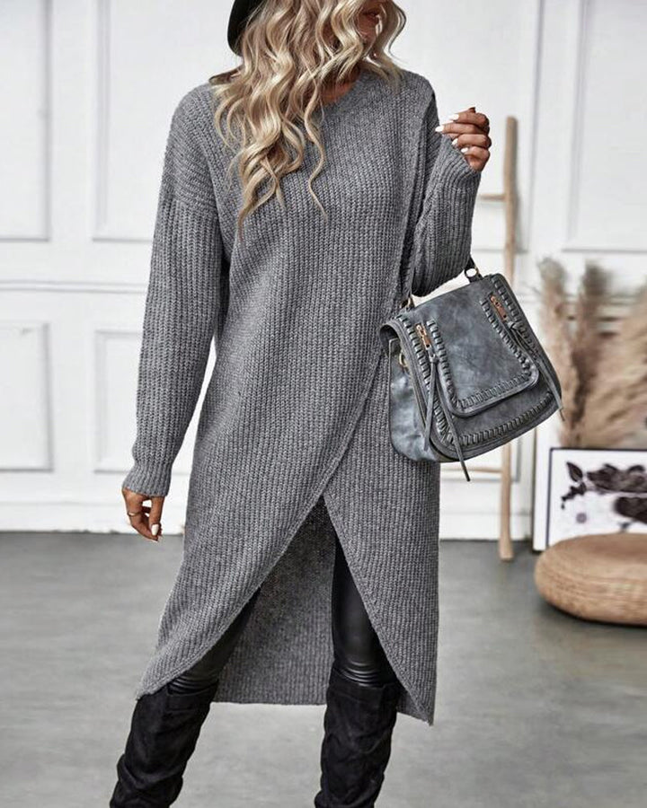 Women's knitted sweater dress with round neck, long sleeves and asymmetric hem