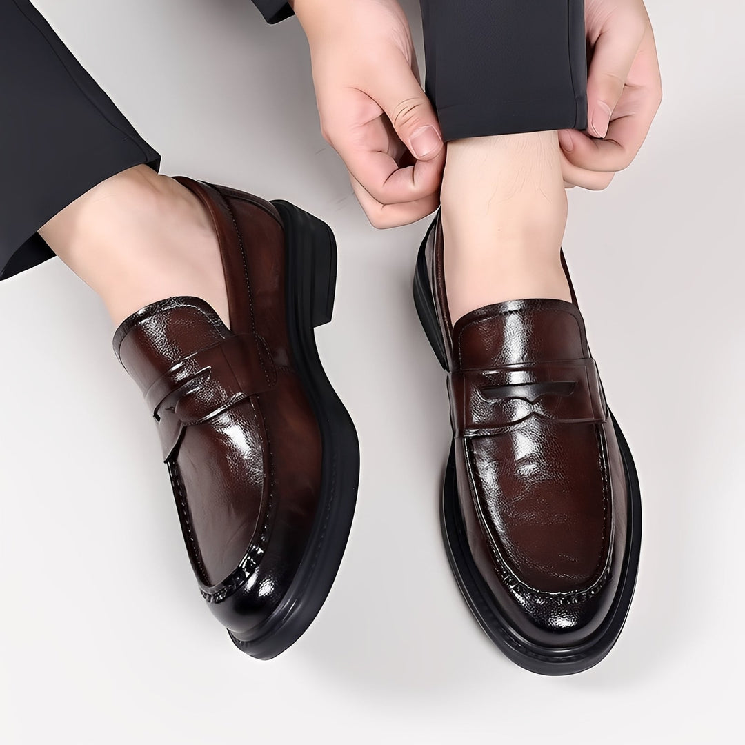 Men's moc toe penny loafers with low block heel
