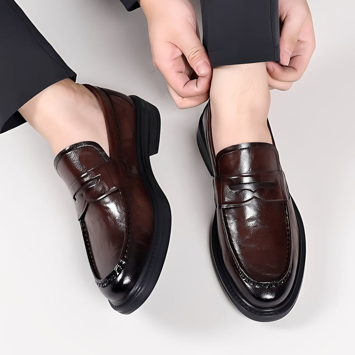 Men's moc toe penny loafers with low block heel