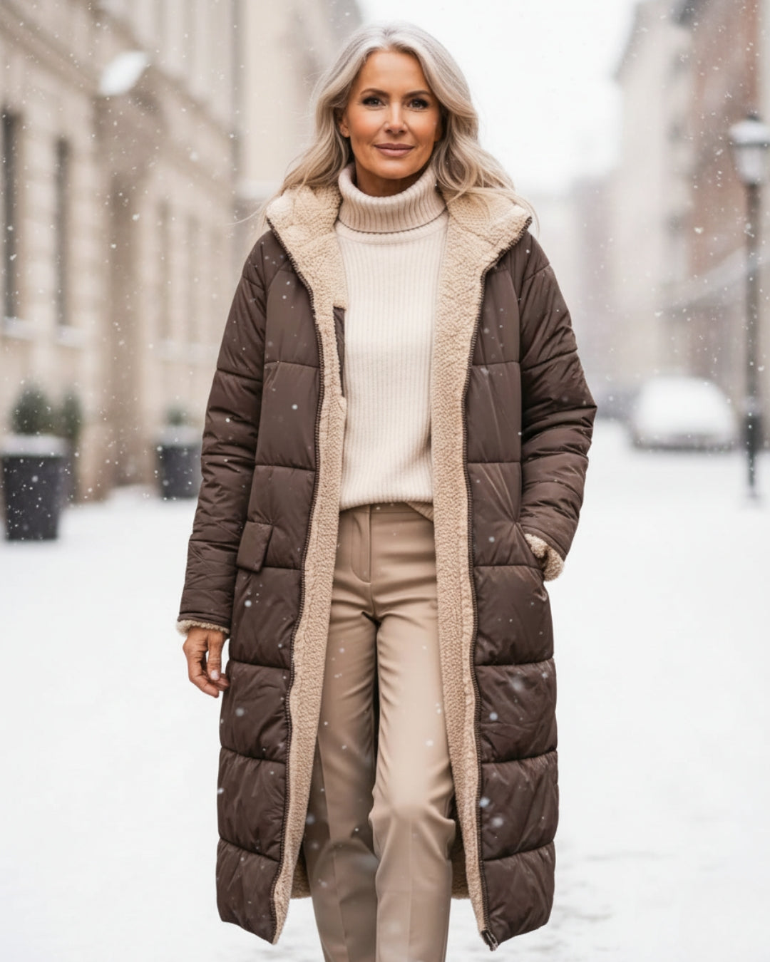 Women's long quilted hooded coat with contrasting textured lining