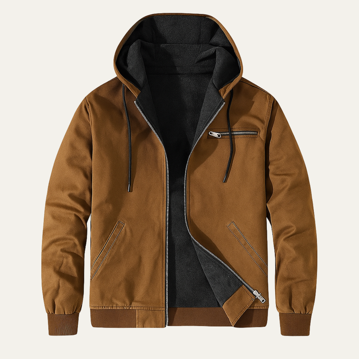 Men's hooded utility jacket with zip fastening, chest pocket and ribbed trims