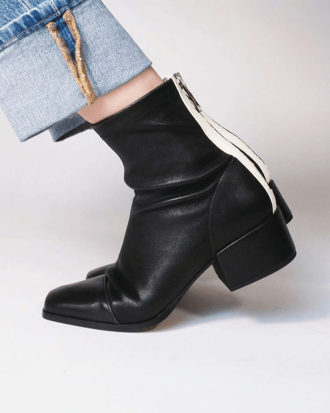 Women's black square toe ankle boots with low block heels and side zippers