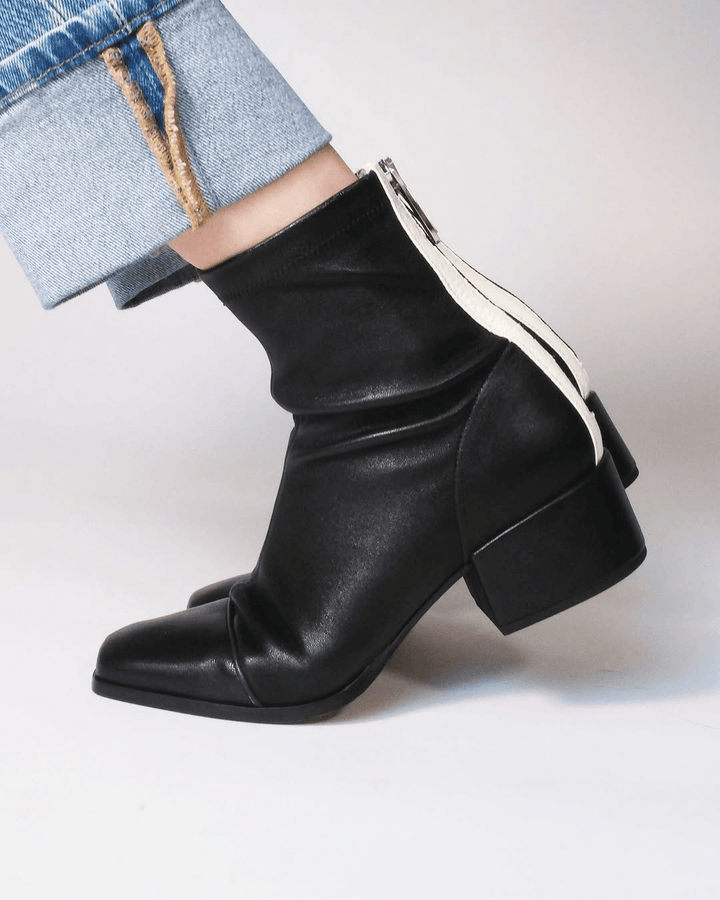 Women's black square toe ankle boots with low block heels and side zippers