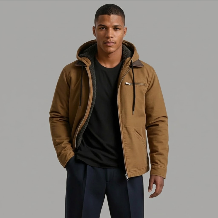 Men's hooded utility jacket with zip fastening, chest pocket and ribbed trims