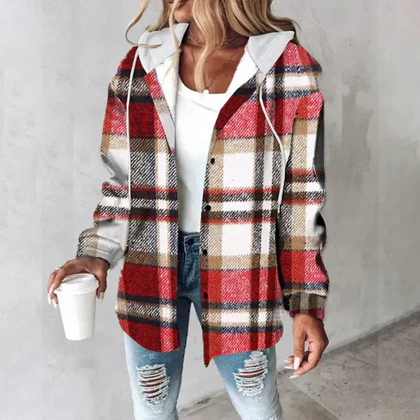 Women's green and cream plaid flannel jacket with drawstring hood and button front