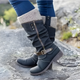 Women's slouch knee-high boots with ribbed cuffs, side zips and buckle straps