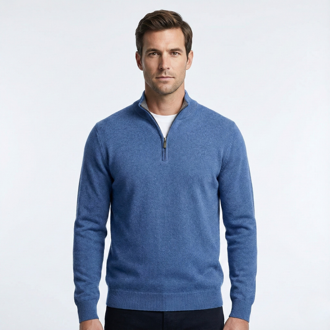 Men's plain quarter zip jumper with mock neck and long sleeves