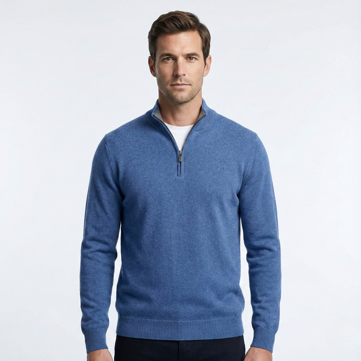 Men's plain quarter zip jumper with mock neck and long sleeves