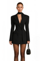 Women's black double-breasted blazer mini dress with notched lapels