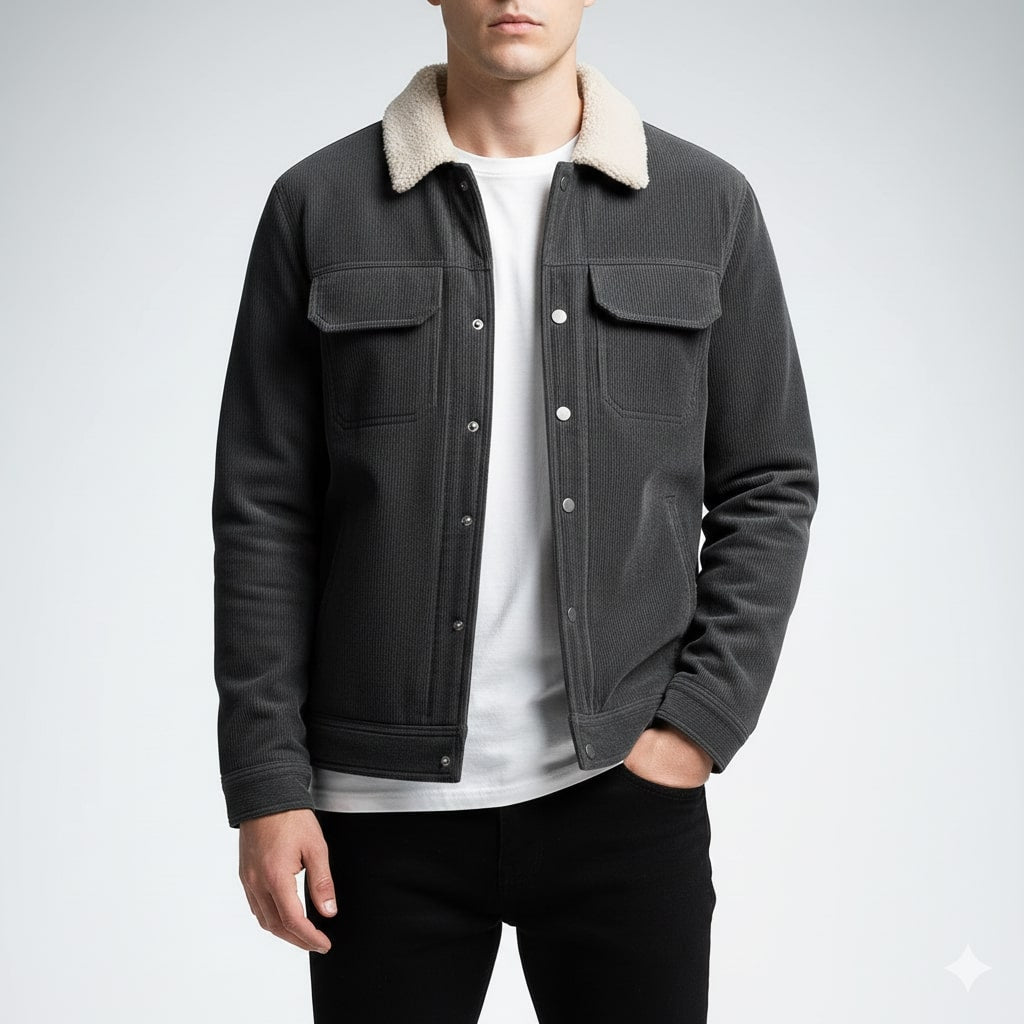 Men's corduroy jacket with textured collar, snap fastening and flap pockets