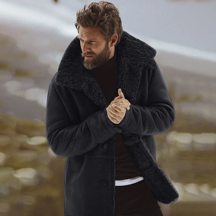 Men's mid-thigh coat with wide textured collar and button front