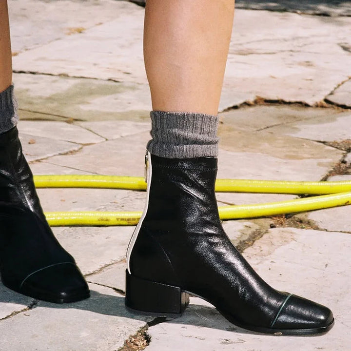 Women's black square toe ankle boots with low block heels and side zippers