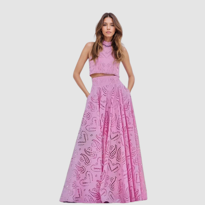 Women's Two-Piece Set — Crop Top & Eyelet Maxi Skirt, Summer