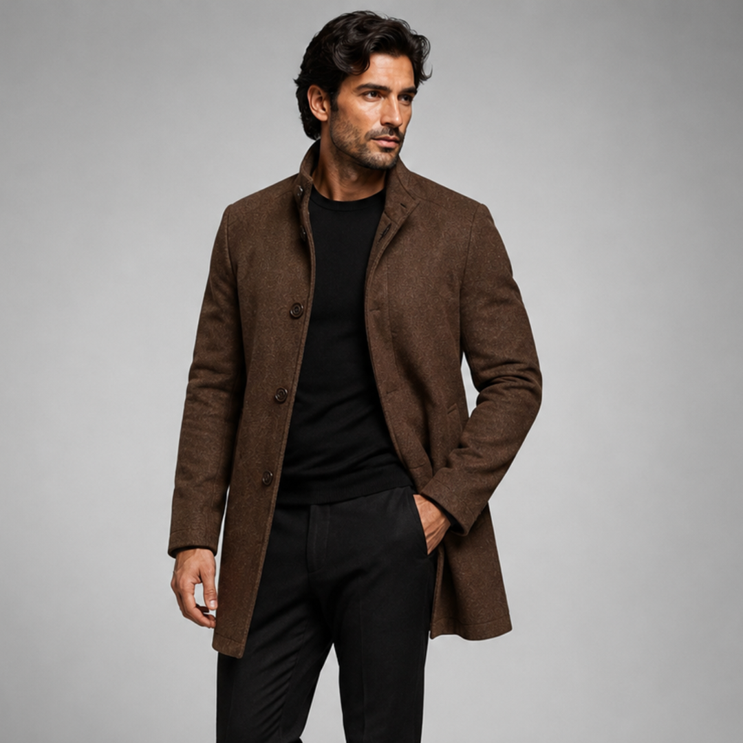 Men's mid-length patterned coat with high collar and button front