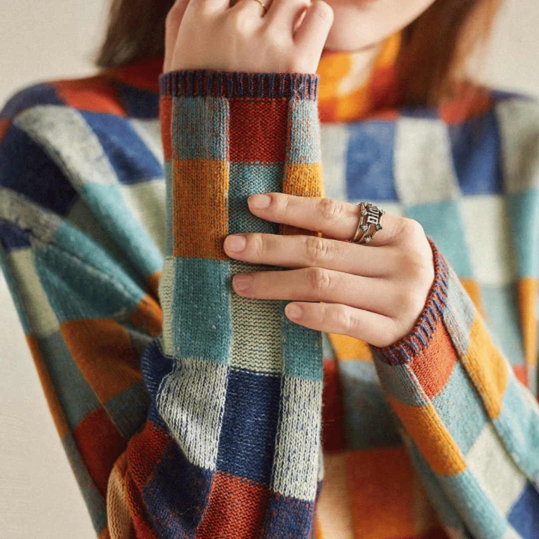 Women's multicoloured checkered patchwork turtleneck jumper with long sleeves