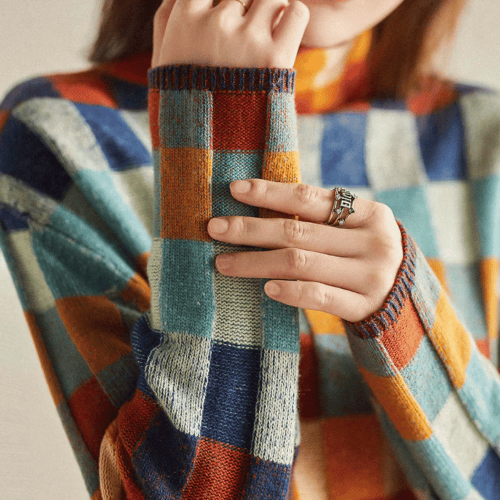 Women's multicoloured checkered patchwork turtleneck jumper with long sleeves