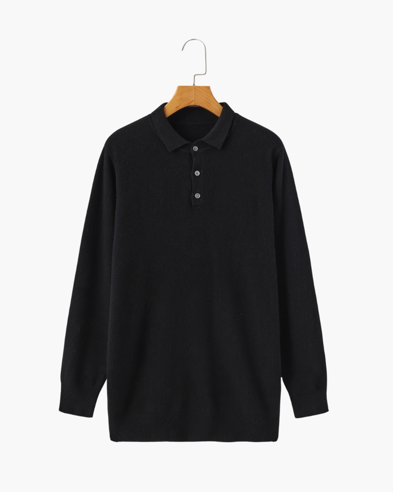 Long sleeve polo sweater with collar and three-button placket