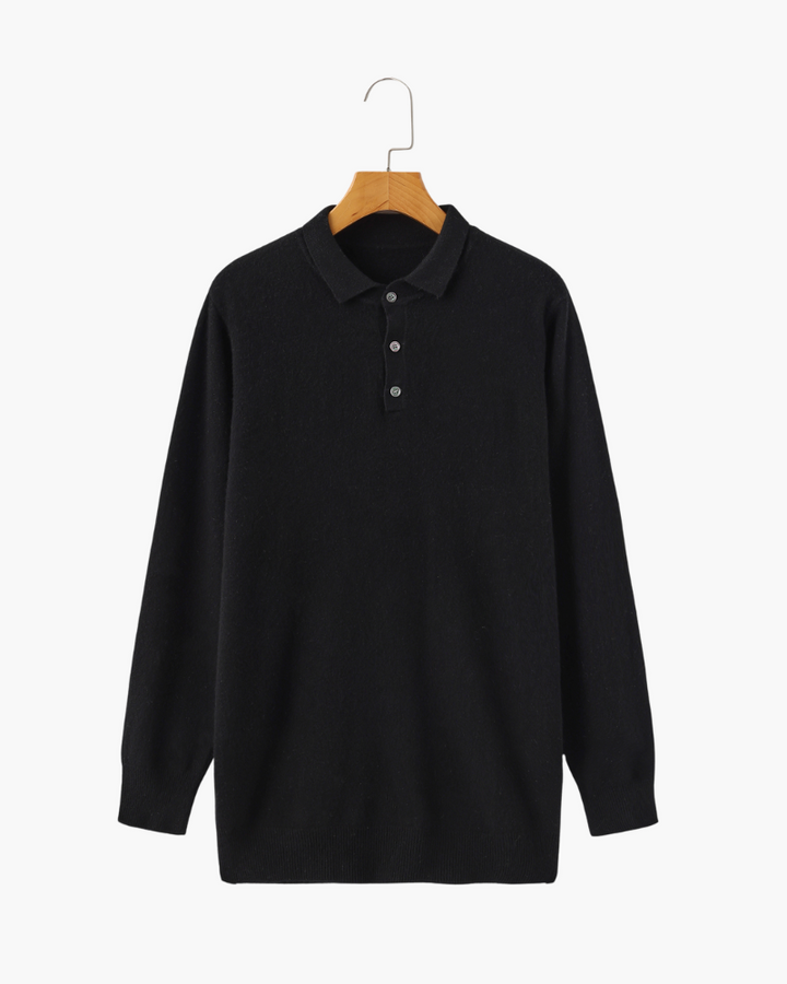 Long sleeve polo sweater with collar and three-button placket