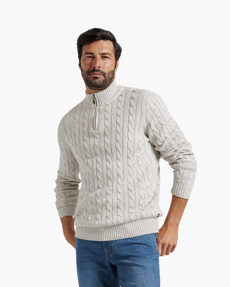 Men's cable knit half-zip sweater with stand collar