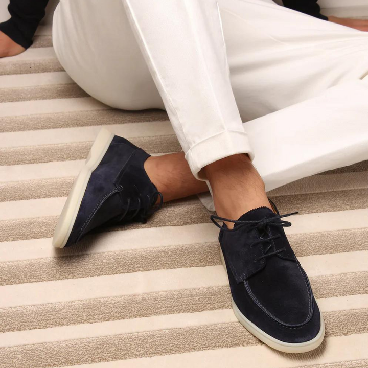 Men's black and beige suede loafer with lace-up front and crepe sole