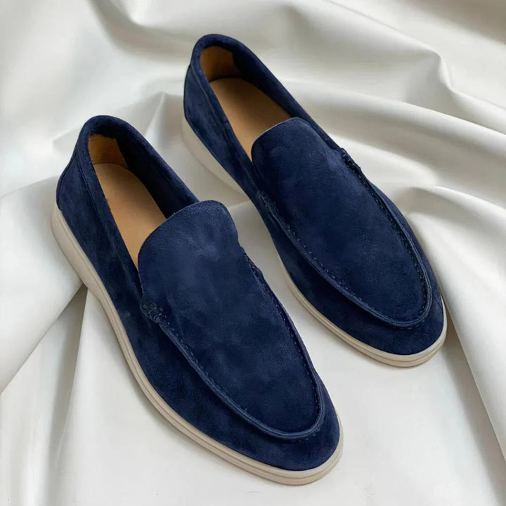 Women's plain suede loafers with almond toes and flat contrasting soles
