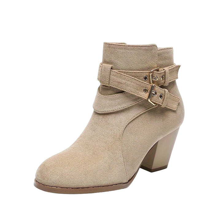 Women's ankle boots with double buckle straps and block heels