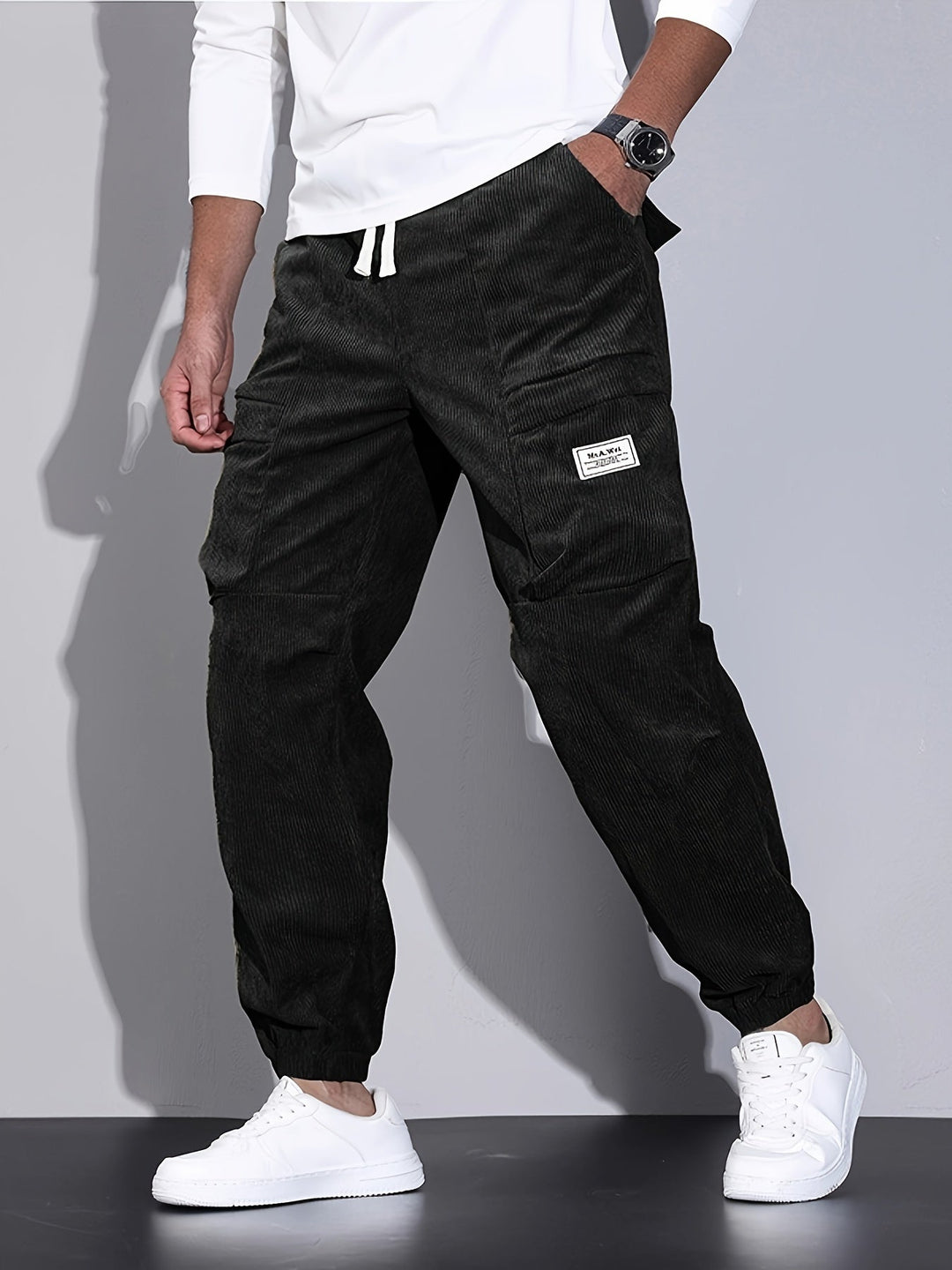 Men's corduroy cargo trousers with drawstring waist and elasticated ankle hems