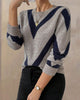 Women's geometric patterned crew neck jumper with long sleeves and ribbed trims