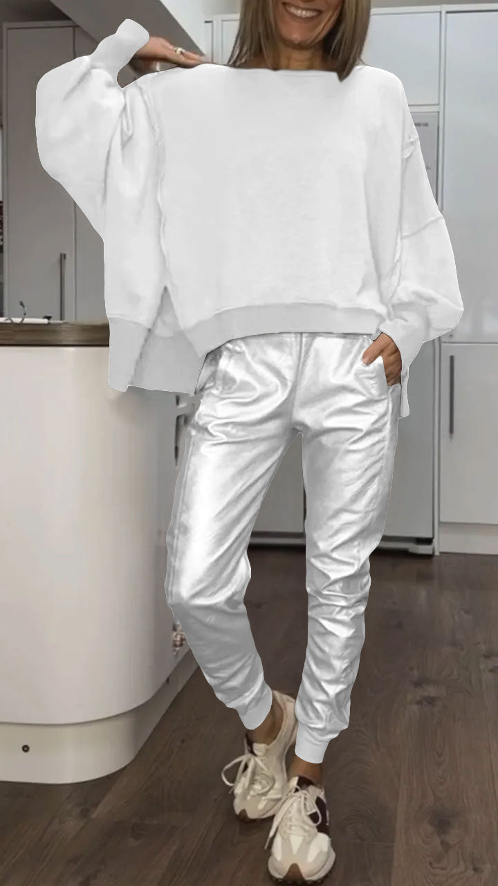 Women's casual sweatshirt top with round neckline and metallic leather pants set