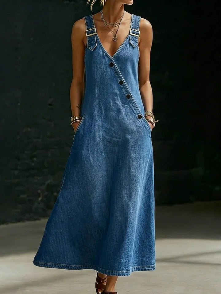 Women's Denim Maxi Dress — V-Neck Asymmetric Button-Front Long Dress