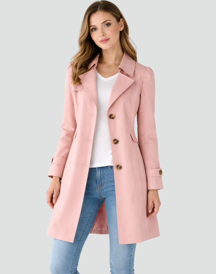 Women's knee-length trench coat with notched lapels, long sleeves and button front