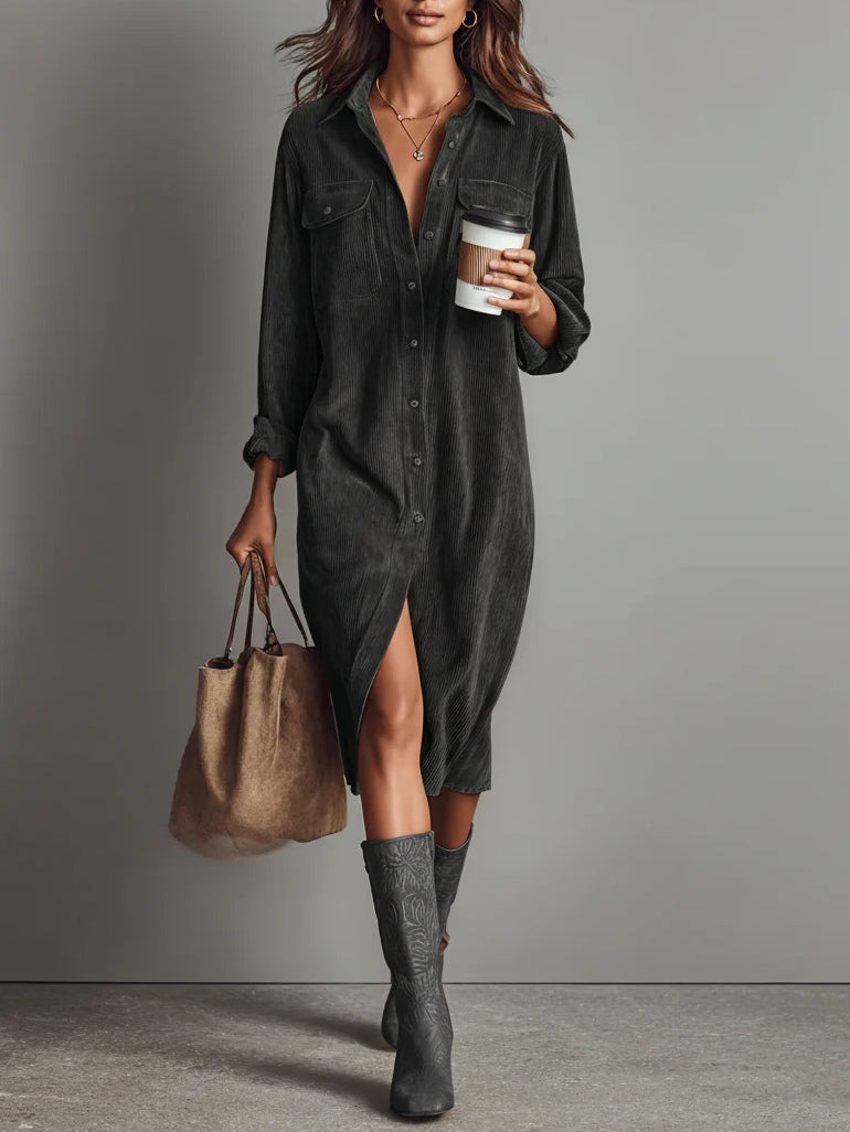 Women's long-sleeved corduroy shirt midi dress with chest pockets