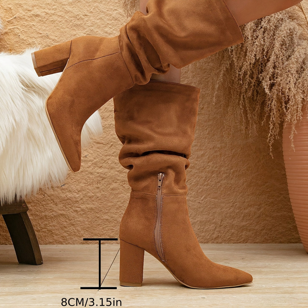 Women's pointed toe slouch mid-calf boots with block heel