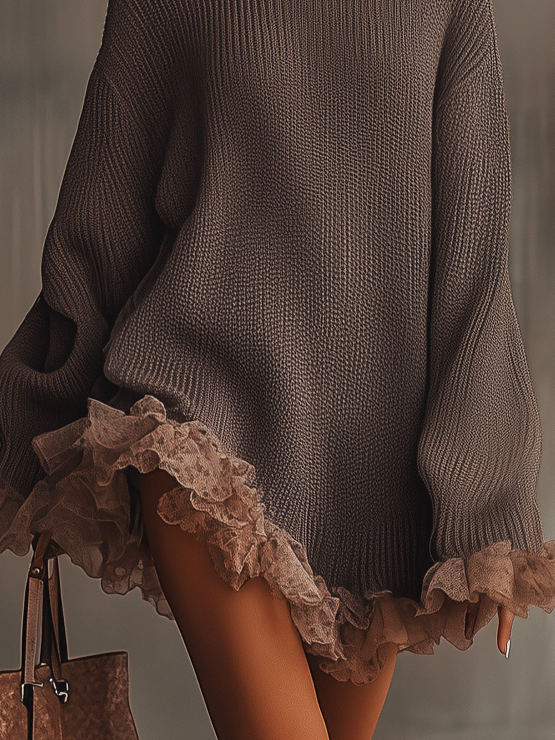 Women's brown knitted turtleneck mini dress with ruffled trim
