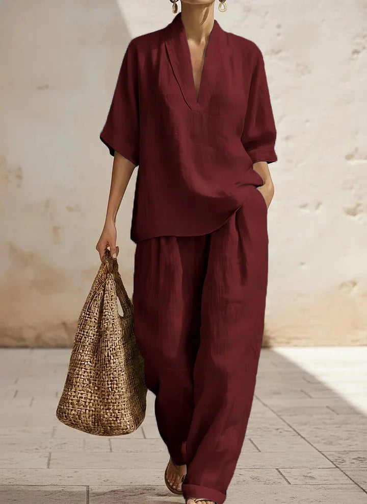 Women's two-piece V-neck linen set