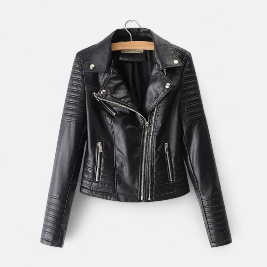 Women's black biker jacket with asymmetric zip and quilted sleeves