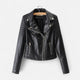 Women's black biker jacket with asymmetric zip and quilted sleeves