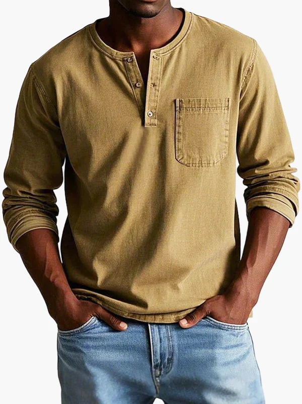 Men's plain grandad shirt with mandarin collar, buttons and chest pocket