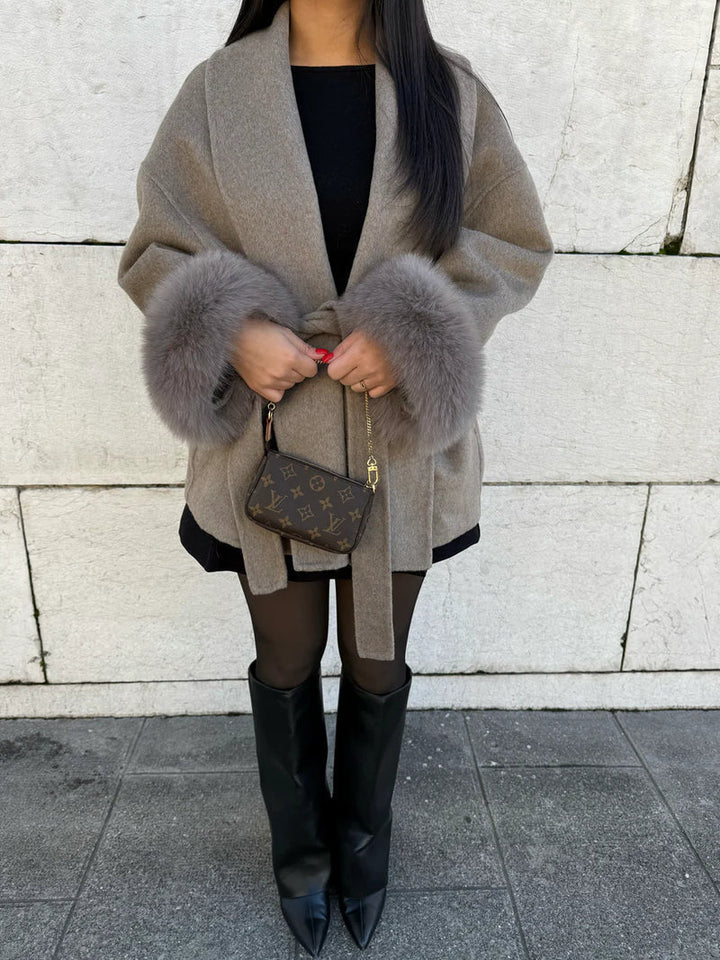 Women's belted wrap coat with fluffy cuffs