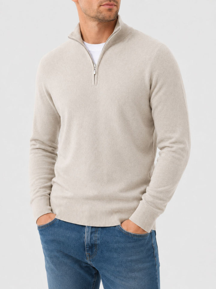 Men's beige crew neck sweater with half-zip and ribbed cuffs
